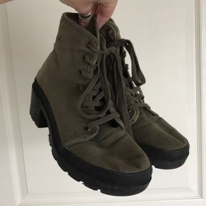 Olive green lug sole canvas ankle lace up boots